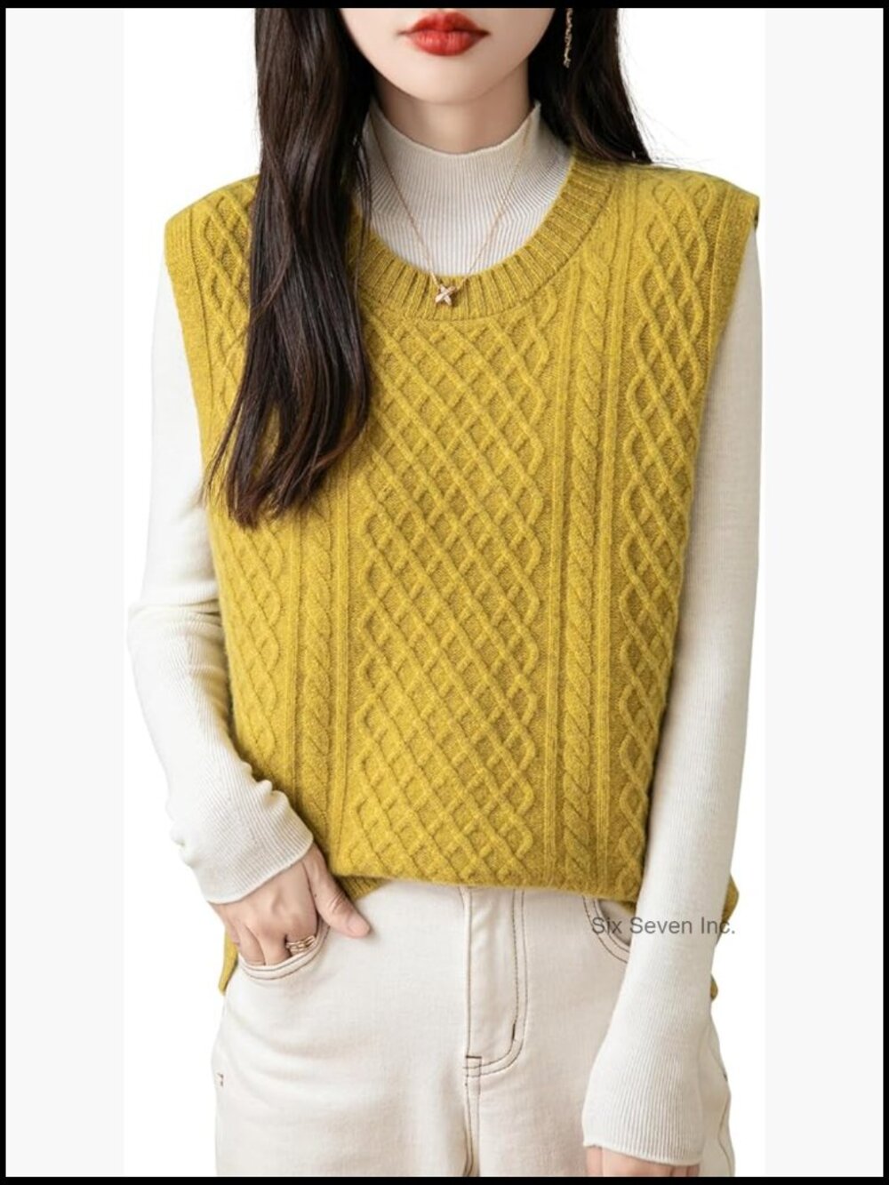 100% Merino Wool Sweater Vest Crew Neck Sleeveless Cable Knit Women's Vest